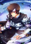  1boy armor belt blue_eyes cape crescentia fingerless_gloves gloves headband male_focus runan_(tear_ring_saga) sky solo sword tear_ring_saga teeth weapon 