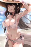  arm_up armpits beach black_hair breasts cleavage collarbone girls_frontline gloves hakuya_(white_night) hat highres large_breasts long_hair ocean qbz-95_(girls_frontline) solo straw_hat swimsuit yellow_eyes 