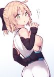  1girl ahoge ass beni_shake black_bow blonde_hair bow breasts brown_eyes eyebrows_visible_through_hair fate/grand_order fate_(series) hair_bow large_breasts looking_at_viewer parted_lips sakura_saber short_hair sideboob signature solo translated triangle_mouth 