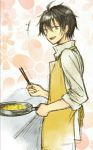  1boy :d apron black_hair busou_shoujo_machiavellism chopsticks cooking frying_pan green_eyes hair_between_eyes looking_at_viewer male_focus nomura_fudou open_mouth short_hair sleeves_rolled_up smile solo yuuki_sudachi 