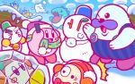  backwards_hat baseball_cap bell blush_stickers bobblehat bow bowtie chilly_(kirby) clouds earmuffs frozen hat ice_dragon_(kirby) jitome kirby kirby_(series) mr._frosty no_humans official_art one_eye_closed overalls pengi_(kirby) scarf snow snowman surprised tears waddle_dee walrus 