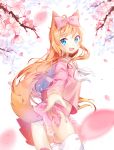  1girl :d animal_ears blue_eyes bow cherry_blossoms cowboy_shot eyebrows_visible_through_hair fang floating_hair fox_ears fox_tail from_behind hair_bow highres long_hair looking_at_viewer looking_back miniskirt moong_gya neckerchief open_mouth orange_hair original panties pink_bow pink_serafuku pink_shirt pink_skirt pleated_skirt shirt skirt smile solo standing striped striped_panties tail thigh-highs tree underwear very_long_hair white_background white_legwear white_neckerchief 
