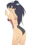  1girl :d ass back black_hair blue_eyes blush breasts fang ganaha_hibiki highres idolmaster kagemusha long_hair looking_at_viewer looking_back medium_breasts one-piece_swimsuit open_mouth ponytail sideboob simple_background smile solo standing swimsuit white_background 