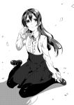  1girl bangs black_legwear commentary_request frills greyscale hair_between_eyes hand_on_own_face jewelry long_hair long_skirt long_sleeves looking_up love_live! love_live!_school_idol_project monochrome necklace petals simple_background sitting skirt solo sonoda_umi wariza yomotsuka_tsukasa 