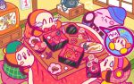  backwards_hat baseball_cap beanie bow bowtie character_doll chopsticks coo_(kirby) dyna_chick haori hat headphones japanese_clothes jitome kirby kirby_(series) kotatsu laughing new_year nintendo notepad official_art osechi phone shelf sweatdrop table television waddle_dee 