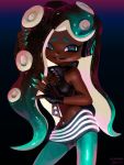 1girl aqua_eyes bare_shoulders cowboy_shot crop_top dark_skin fingerless_gloves gloves hand_in_hair headphones highres lipstick long_hair looking_at_viewer makeup marina_(splatoon) mascara midriff mole mole_under_mouth nail_polish navel navel_piercing octarian pantyhose piercing pink_pupils shorts sleeveless smile solo splatoon splatoon_2 suction_cups symbol-shaped_pupils tentacle_hair zipper zipper_pull_tab