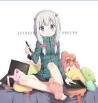  1girl barefoot blue_eyes blush bow computer eromanga_sensei eyebrows_visible_through_hair feet hair_bow izumi_sagiri laptop long_hair looking_at_viewer pink_bow silver_hair sitting smile soles solo stylus tablet toes yiran_kuxiao 