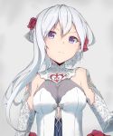  1girl asymmetrical_hair bangs blue_eyes breasts closed_mouth dress elbow_gloves flower gloves grey_hair hair_between_eyes hair_flower hair_ornament halterneck highres long_hair looking_at_viewer medium_breasts pnt_(ddnu4555) red_flower silver_hair sinoalice snow_white_(sinoalice) solo upper_body white_dress 