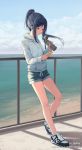  1girl against_railing blue_eyes blue_hair breasts cellphone clouds cloudy_sky digital_media_player earphones earphones expressionless full_body hood hooded_sweater hoodie horizon huanxiang_heitu leaning_back looking_down love_live! love_live!_sunshine!! matsuura_kanan outdoors phone ponytail shoes short_shorts shorts sidelocks sky small_breasts smartphone sneakers socks solo sweater thermos watermark web_address 