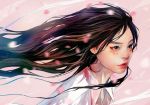  1girl black_eyes black_hair blurry collared_shirt depth_of_field facial_mark flowing_hair lips long_hair nose original parted_lips petals pink_background red_lips shirt solo upper_body wataboku white_shirt wing_collar 