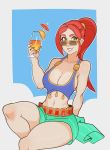  1girl alternate_costume belt blue_nails braid breasts bustier cassie_(paladins) cleavage drink drink_umbrella green_eyes grin highres large_breasts long_hair looking_at_viewer midriff nail_polish navel paladins ponytail redhead single_braid sitting smile solo splashbrush sun_kiss_cassie sunglasses 