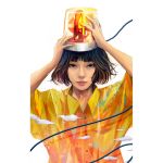  1girl alarm_siren black_eyes black_hair buttons clouds collared_shirt commentary hands_on_own_head highres looking_at_viewer original shirt short_hair simple_background solo surreal upper_body wataboku white_background wire yellow_shirt 