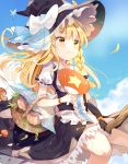  1girl :t apron basket black_bow black_hat black_ribbon black_skirt blonde_hair blue_sky bow braid broom broom_riding commentary_request day fan hair_bow hat hat_bow kirisame_marisa long_hair mushroom nuudoru ribbon ribbon-trimmed_sleeves ribbon_trim short_sleeves side_braid skirt skirt_set sky solo star sweat touhou vest waist_apron white_bow witch_hat yellow_eyes 