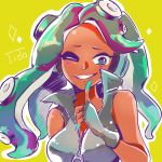 1girl ;) aqua_eyes aqua_hair aqua_skin asymmetrical_hair bare_arms bare_shoulders blush character_name collared_vest dark_skin eyelashes eyeliner finger_to_mouth fingerless_gloves gloves green_hair grin hand_up headphones high_collar long_hair looking_at_viewer makeup marina_(splatoon) mole mole_under_mouth multicolored multicolored_hair multicolored_skin octarian one_eye_closed partially_unzipped purple_hair smile solo splatoon splatoon_2 tentacle_hair upper_body vest zipper