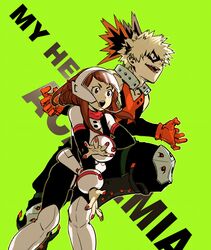  1boy 1girl bakugou_katsuki bangs blonde_hair bodysuit boku_no_hero_academia boots brown_eyes brown_hair chiyo_(qiandai) domino_mask gloves green_background helmet knee_boots mask open_mouth red_eyes sharp_teeth simple_background spiky_hair teeth text uraraka_ochako 