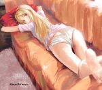  1girl artist_name ass barefoot blonde_hair commentary_request couch eromanga_sensei feet goldowl highres indoors long_hair looking_at_viewer looking_back lying on_couch on_stomach panties pillow shirt short_sleeves solo twitter_username underwear white_panties white_shirt yamada_elf 