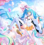  1girl absurdly_long_hair bird blue_eyes blue_hair elbow_gloves floating_hair full_body gloves goodsmile_company goodsmile_racing hatsune_miku high_heels highres long_hair looking_at_viewer necktie shield solo thigh-highs ttaji_(pass35) twintails very_long_hair vocaloid 