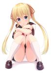  1girl aibumi blonde_hair blue_eyes blush hair_ribbon highres looking_at_viewer original panties pantyshot pantyshot_(sitting) ribbon school_uniform serafuku simple_background sitting solo twintails underwear 