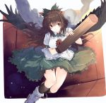  1girl abusoru arm_cannon black_legwear black_wings bow breasts brown_hair cape feathered_wings green_bow green_skirt hair_bow kneehighs large_breasts light_smile long_hair looking_at_viewer puffy_short_sleeves puffy_sleeves red_eyes reiuji_utsuho shirt short_sleeves sketch skirt solo third_eye touhou weapon white_shirt wings 
