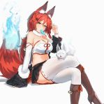  1girl animal animal_ears animal_on_lap bare_shoulders bell black_skirt boots braid breasts cleavage commentary crop_top detached_sleeves ehrrr food fox fox_ears fox_tail fur_collar hair_ornament hairclip high_heel_boots high_heels highres jingle_bell knee_boots large_breasts legs_crossed long_hair looking_at_viewer midriff mouth_hold navel original ponytail popsicle redhead ribbon-trimmed_legwear ribbon_trim short_braid side_braid simple_background single_braid sitting skirt solo tail thigh-highs white_background white_legwear yellow_eyes 