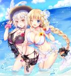  2girls :o ;d bangs beach bikini black_bow blonde_hair blush bow breasts cleavage cup day drinking_straw eyebrows_visible_through_hair fate/apocrypha fate/grand_order fate_(series) front-tie_bikini front-tie_top geko hair_bow hair_ornament halter_top halterneck hat holding holding_cup jeanne_alter large_breasts long_hair multiple_girls navel ocean one_eye_closed open_mouth outdoors ruler_(fate/apocrypha) sarong scrunchie side-tie_bikini smile sparkle starfish_hair_ornament straw_hat sun_hat swimsuit thighs very_long_hair wading water_drop white_bikini wrist_scrunchie 