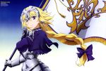  1girl absurdres armor blonde_hair blue_background bow braid breasts capelet chains fate/apocrypha fate_(series) flag gauntlets gradient gradient_background hair_bow headpiece highres large_breasts long_hair low-tied_long_hair magazine_scan official_art ruler_(fate/apocrypha) scan single_braid smile solo tokuoka_kohei violet_eyes white_background 