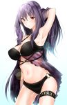  1girl arm_at_side arm_behind_head arm_up armpits bangs bare_arms bare_legs bare_shoulders bikini black_bikini breasts cleavage collarbone cowboy_shot eyebrows_visible_through_hair eyelashes fate/grand_order fate_(series) glint gluteal_fold gradient gradient_background hand_in_hair highres large_breasts legs_apart long_hair looking_at_viewer midriff navel o-ring_bikini o-ring_bottom parted_lips purple_hair red_eyes scathach_(fate/grand_order) scathach_(swimsuit_assassin)_(fate) shirasu_(kaduki1kaduki) solo sparkle standing stomach swimsuit teeth very_long_hair 