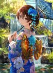  10s 1girl alternate_costume blue_kimono brown_eyes brown_hair cod expressionless eyebrows_visible_through_hair floral_print flower from_behind fuji_choko hair_between_eyes hair_flower hair_ornament holding holding_umbrella japanese_clothes kaga_(kantai_collection) kantai_collection kimono long_sleeves looking_back oriental_umbrella outdoors rock short_hair side_ponytail solo tree umbrella water waterfall wide_sleeves 