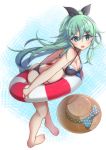  10s 1girl adapted_costume ass barefoot bikini black_bikini breasts butt_crack cleavage full_body green_eyes green_hair hair_between_eyes hair_ornament hair_ribbon hairclip hat hat_removed headwear_removed highres innertube kantai_collection long_hair looking_at_viewer myuan_(muumworks) ponytail ribbon small_breasts solo standing swimsuit yamakaze_(kantai_collection) 