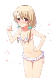  1girl annoyed bare_shoulders bikini blonde_hair blush collarbone cowboy_shot fate/kaleid_liner_prisma_illya fate_(series) flat_chest frilled_bikini frills hair_ornament hair_scrunchie hand_on_hip illyasviel_von_einzbern index_finger_raised leaning_forward long_hair looking_at_viewer low_twintails minatoasu navel red_eyes scrunchie side-tie_bikini simple_background solo star starry_background swimsuit thigh_gap twintails white_background white_bikini 