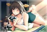  &gt;_&lt; 10s 1girl :d ;) alternate_costume bangs bare_arms bare_shoulders barefoot black_hair blue_eyes blush breasts camera cleavage closed_eyes closed_mouth collarbone foreshortening headgear hiei_(kantai_collection) indoors kantai_collection kongou_(kantai_collection) large_breasts looking_at_viewer lying nendoroid nontraditional_miko on_stomach one_eye_closed open_mouth short_hair shorts smile solo sunlight tank_top the_pose tony_guisado turret xd 