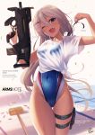  1girl ;d blurry breasts brown_eyes competition_swimsuit covered_navel depth_of_field fang fukai_ryousuke grey_hair gun hair_ornament hair_ribbon hairclip highleg highleg_swimsuit holster long_hair looking_at_viewer one-piece_swimsuit one_eye_closed open_mouth original ribbon see-through shirt small_breasts smile solo swimsuit swimsuit_under_clothes thigh_gap thigh_holster thigh_strap tied_shirt trigger_discipline untying very_long_hair weapon wet 