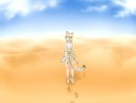  1girl animal_ears blonde_hair brown_hair cat_ears cat_tail elbow_gloves eyebrows_visible_through_hair footprints gloves highres kemono_friends looking_at_viewer losmal_indicus multicolored_hair sand sand_cat_(kemono_friends) short_hair sleeveless solo tail white_gloves white_hair yellow_eyes 