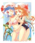  2girls 60mai bat_wings bikini blonde_hair blue_hair breasts collarbone commentary_request fang flandre_scarlet hat hat_ribbon hug hug_from_behind long_hair mob_cap multiple_girls one-piece_swimsuit one_eye_closed palm_tree pink_bikini red_eyes red_ribbon remilia_scarlet ribbon school_swimsuit siblings side-tie_bikini sisters small_breasts swimsuit touhou tree wavy_mouth wings 