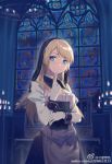  1girl bangs blonde_hair blue_eyes breasts bustier chandelier closed_mouth detached_collar dress finger_to_mouth gloves habit huanxiang_heitu indoors medium_breasts object_hug original puffy_sleeves smile solo stained_glass swept_bangs white_gloves wrist_cuffs 