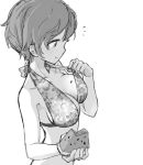  /\/\/\ :t arakawa_(aintnoroom) bare_shoulders bikini_top breasts cleavage closed_mouth collarbone eating floral_print food food_on_breasts fruit greyscale halterneck holding holding_food idolmaster idolmaster_cinderella_girls large_breasts looking_down monochrome short_hair strap_pull upper_body watermelon watermelon_seeds yoshioka_saki 