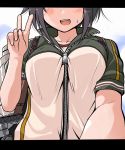  10s 1girl black_hair blush hayasui_(kantai_collection) head_out_of_frame kantai_collection letterboxed machinery open_mouth short_hair smile solo tsuzuri_(tuzuri) upper_body v zipper 
