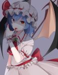  1girl arm_at_side ascot bangs bat_wings blood blood_in_mouth blood_on_face bloody_hands blue_hair brooch finger_licking frilled_shirt_collar frills hair_between_eyes hand_up hat hat_ribbon highres jewelry licking looking_at_viewer mob_cap nail_polish puffy_short_sleeves puffy_sleeves red_eyes red_nails red_ribbon remilia_scarlet ribbon shaded_face shirt short_sleeves skirt skirt_set solo tongue tongue_out touhou white_shirt white_skirt wings wrist_cuffs yurumawari 