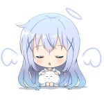  1girl angel_wings blue_hair blush chibi closed_eyes deyui drawn_wings eyebrows_visible_through_hair gochuumon_wa_usagi_desu_ka? hair_ornament halo highres hood hoodie kafuu_chino kneehighs long_hair parted_lips saliva sitting tippy_(gochiusa) wariza white_legwear wings x_hair_ornament 