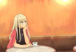  1girl alessandra_susu blonde_hair blue_eyes coffee coffee_cup eyebrows_visible_through_hair jewelry looking_away necklace plate sarada_doraivu sitting solo table tokyo_7th_sisters 