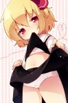  1girl black_skirt blonde_hair blush eyebrows_visible_through_hair hair_ribbon lifted_by_self matatabi_(nigatsu) midriff mouth_hold navel panties red_eyes red_ribbon ribbon rumia short_hair skirt skirt_lift solo touhou underwear white_panties 