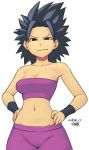  1girl bare_shoulders big_hair black_eyes black_hair breasts caulifla cleavage dated dragon_ball dragon_ball_super groin hands_on_hips looking_at_viewer midriff navel simple_background smile smirk solo tsukudani_(coke-buta) white_background 