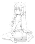  1girl alp ass bangs barefoot blush closed_mouth eromanga_sensei eyebrows_visible_through_hair feet frills from_behind greyscale izumi_sagiri long_hair looking_at_viewer looking_back low-tied_long_hair monochrome pajamas sitting sketch smile solo thighs wariza 