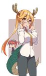  adjusting_glasses blonde_hair breasts cosplay dragon_tail dress_shirt glasses hair_between_eyes horns kobayashi-san_chi_no_maidragon kobayashi_(maidragon) kobayashi_(maidragon)_(cosplay) kugi_ta_hori_taira large_breasts looking_at_viewer maid_headdress necktie one_side_up orange_eyes pants parted_lips rimless_glasses shirt short_sidetail simple_background slit_pupils tail tooru_(maidragon) tooru_(maidragon)_(cosplay) 