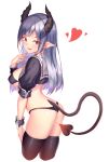  1girl ass bangs black_bra black_legwear black_panties black_shirt blue_hair blush bra breasts commentary_request cropped_shirt demon_girl demon_horns demon_tail demon_wings erect_nipples eyebrows_visible_through_hair eyes_visible_through_hair from_side hand_on_lap hand_up heart highres horns large_breasts long_hair looking_at_viewer open_mouth original panties pointy_ears puffy_short_sleeves puffy_sleeves sanbaisoku_ikaros shirt short_sleeves simple_background skindentation smile solo standing strapless strapless_bra succubus tail teeth thigh-highs underwear white_background white_sailor_collar wings wrist_cuffs yellow_eyes 