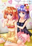  2girls babydoll bare_arms behind_another bell blue_eyes blue_hair bra checkered checkered_bra collarbone finger_to_mouth fingernails flower frown hair_bell hair_flower hair_ornament heart heart_background heart_in_eye hieda_no_akyuu highres indoors looking_at_another looking_at_viewer motoori_kosuzu multiple_girls petticoat pink_bloomers red_eyes redhead sato-pon seiza short_hair sitting smile tatami touhou twitter_username underwear underwear_only wariza yellow_bloomers 