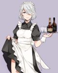  1girl alcohol alternate_costume apron bangs black_dress bottle breasts closed_mouth clothes_lift collared_dress cowboy_shot cup dress dress_lift drinking_glass enmaided eyebrows_visible_through_hair fingernails frilled_apron frilled_cuffs frills glass hair_over_one_eye hands_up holding holding_tray kurosawa_kazuto lifted_by_self maid maid_apron maid_headdress medium_breasts mole mole_under_mouth nier_(series) nier_automata one_eye_closed pink_lips puffy_short_sleeves puffy_sleeves purple_background sash short_hair short_sleeves silver_hair simple_background skirt skirt_hold skirt_lift smile solo standing tray waist_apron whiskey white_apron wing_collar wrist_cuffs yorha_no._2_type_b 