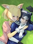  2girls animal_ears black_hair blonde_hair blush breasts ccd common_raccoon_(kemono_friends) fennec_(kemono_friends) fox_ears gloves highres kemono_friends large_breasts looking_at_another lying multicolored_hair multiple_girls on_side parted_lips raccoon_ears short_hair smile white_gloves white_hair yuri 