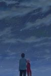  1boy 1girl amputee arm_hug back black_hair couple from_behind hairband haruno_sakura highres husband_and_wife mitsugu naruto night night_sky pink_hair shooting_star short_hair sky star_(sky) starry_sky uchiha_sasuke 