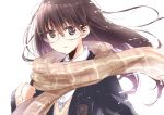  1girl bangs blazer blush brown_eyes brown_hair brown_scarf checkered_scarf floating_hair glasses hair_between_eyes hand_up jacket long_hair looking_at_viewer matsuda_hikari open_blazer open_clothes open_jacket original parted_lips rimless_glasses scarf school_uniform sketch solo sweater upper_body wind 